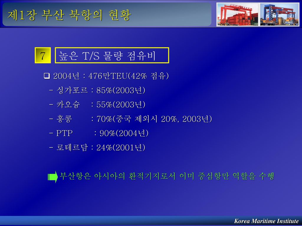 제1장 부산 북항의 현황 7 높은 T/S 물량 점유비 2004년 : 476만TEU(42% 점유)