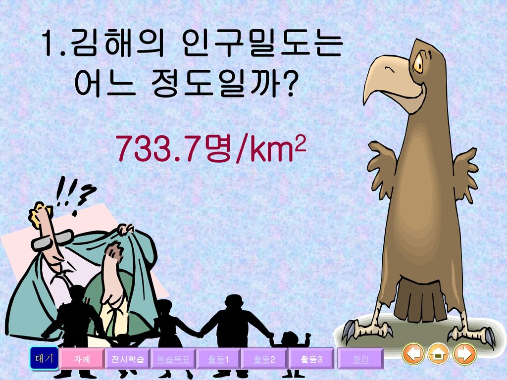 1.김해의 인구밀도는 어느 정도일까 733.7명/km2 대기 차례 전시학습 학습목표 활동1 활동2 활동3 정리