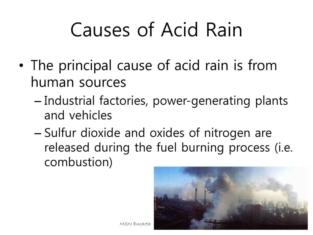 Causes of Acid Rain The principal cause of acid rain is from human sources. Industrial factories, power-generating plants and vehicles.