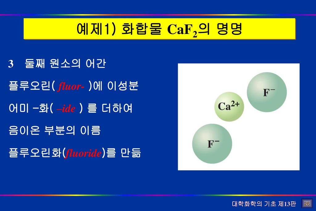 예제1) 화합물 CaF2의 명명 3 둘째 원소의 어간 플루오린( fluor- )에 이성분 어미 –화( –ide ) 를 더하여 음이온 부분의 이름 플루오린화(fluoride)를 만듦.