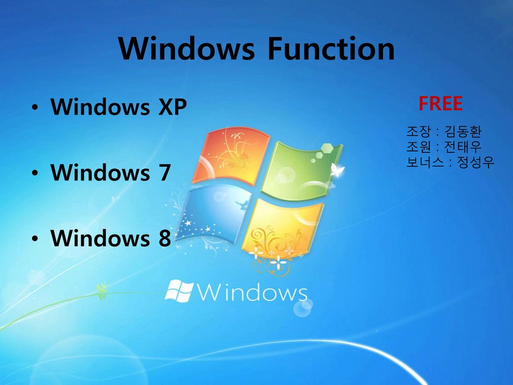 Windows Function Windows XP Windows 7 Windows 8 FREE 조장 : 김동환 조원 : 전태우