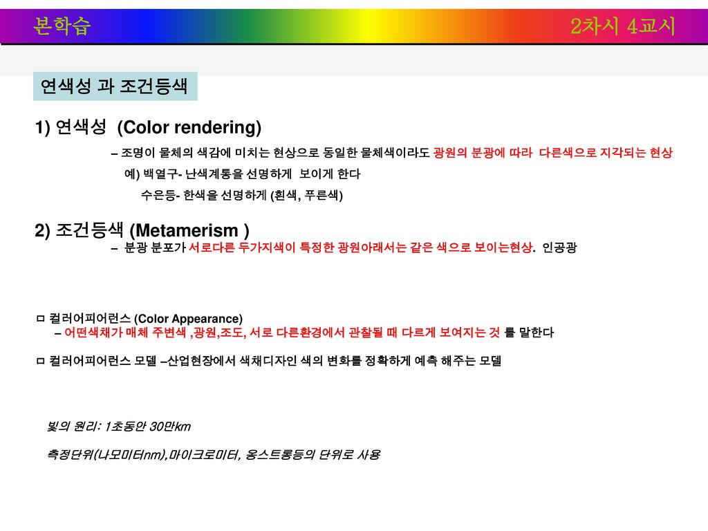 본학습 2차시 4교시 연색성 과 조건등색 1) 연색성 (Color rendering) 2) 조건등색 (Metamerism )