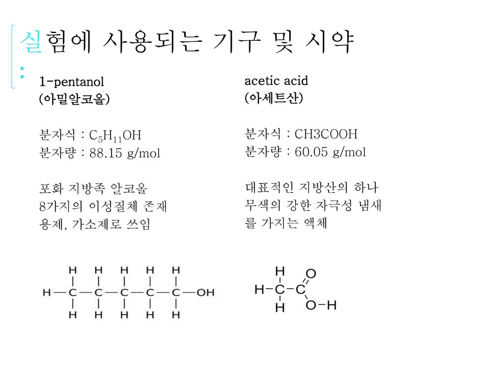 실험에 사용되는 기구 및 시약 : 1-pentanol acetic acid (아밀알코올) (아세트산) 분자식 : C5H11OH