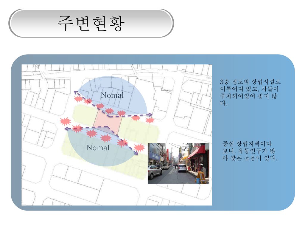 주변현황 Nomal Nomal 3층 정도의 상업시설로 이루어져 있고, 차들이 주차되어있어 좋지 않다.