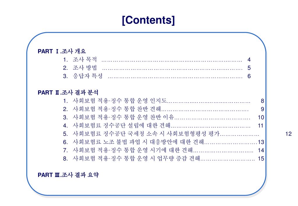 [Contents] PART Ⅰ. 조사 개요 1. 조사 목적 ………………………………..……..….…………….……… 4