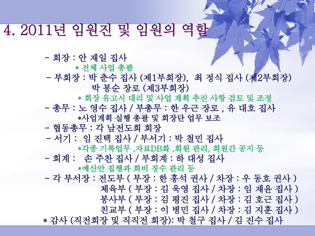 년 임원진 및 임원의 역할 - 부회장 : 박 춘수 집사 (제1부회장), 최 정식 집사 (제2부회장)