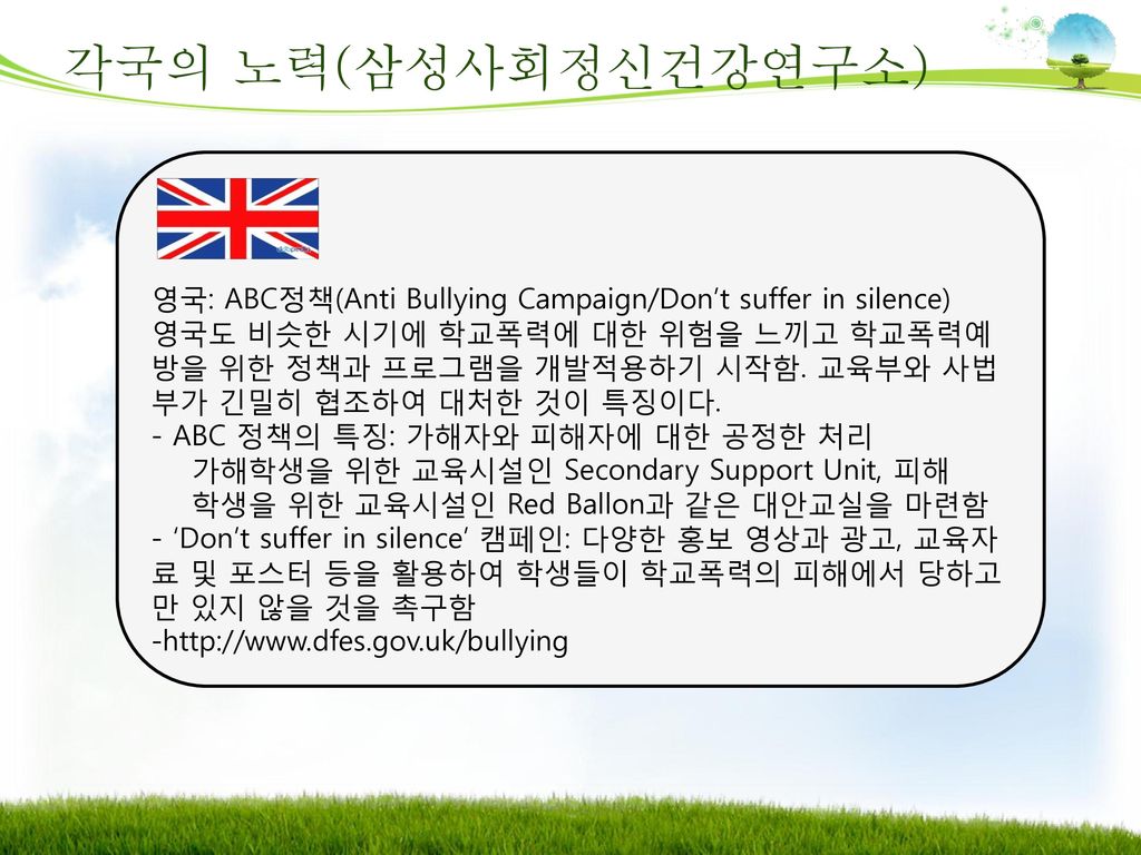 각국의 노력(삼성사회정신건강연구소) 영국: ABC정책(Anti Bullying Campaign/Don’t suffer in silence)