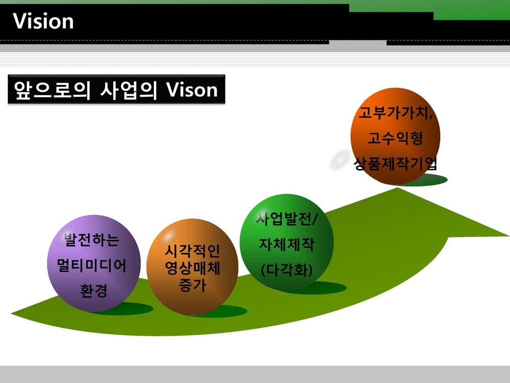 Vision 앞으로의 사업의 Vison 고부가가치, 고수익형 상품제작기업 사업발전/ 자체제작 발전하는 (다각화) 시각적인