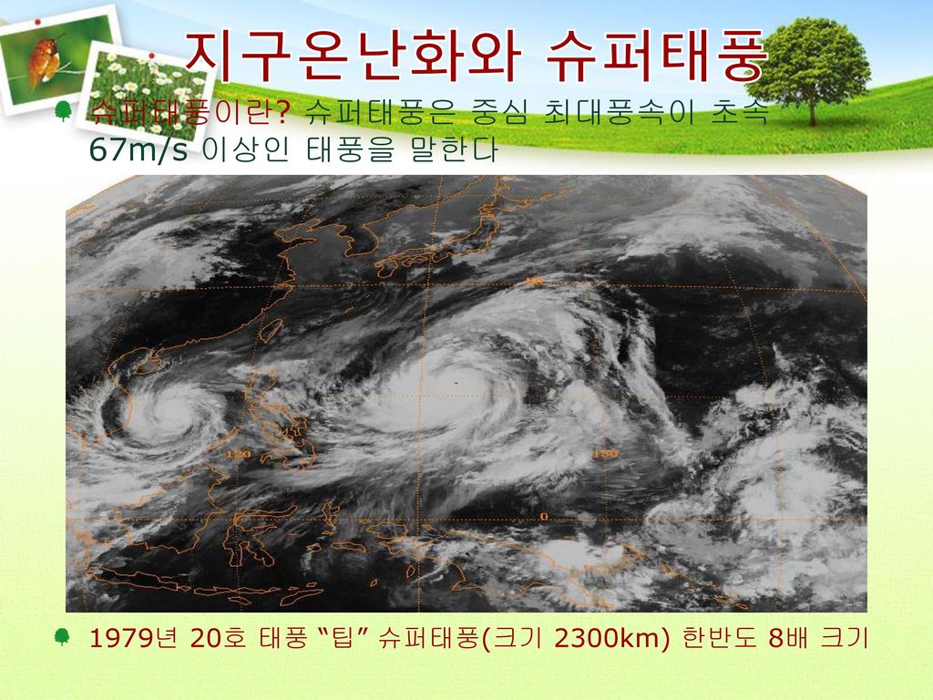 지구온난화와 슈퍼태풍 슈퍼태풍이란 슈퍼태풍은 중심 최대풍속이 초속 67m/s 이상인 태풍을 말한다
