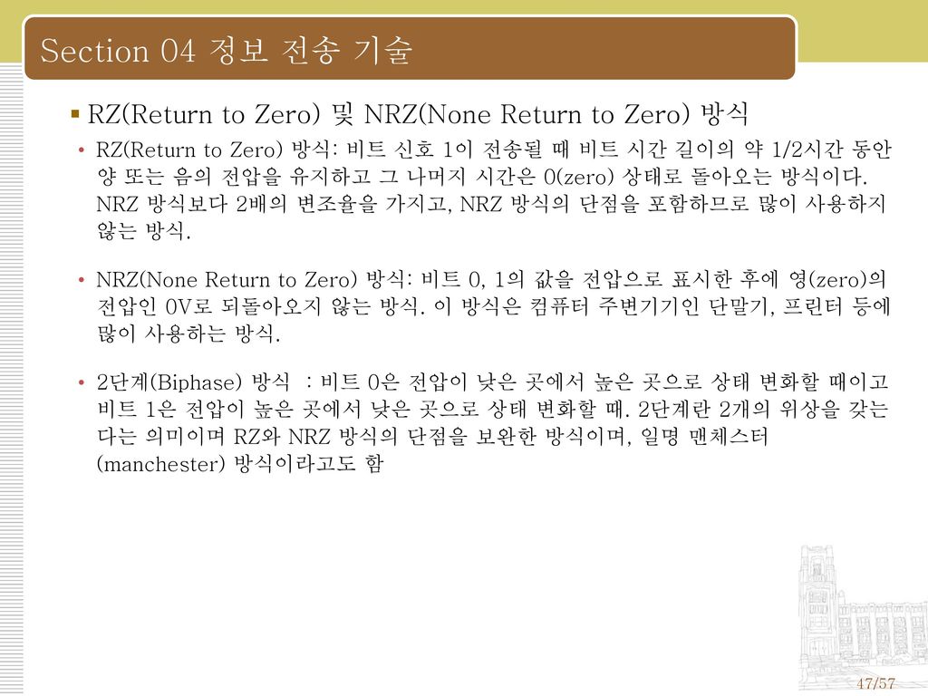 Section 04 정보 전송 기술 RZ(Return to Zero) 및 NRZ(None Return to Zero) 방식
