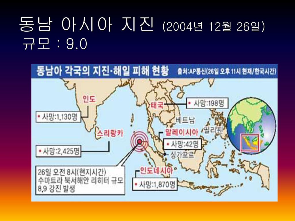 동남 아시아 지진 (2004년 12월 26일) 규모 : 9.0