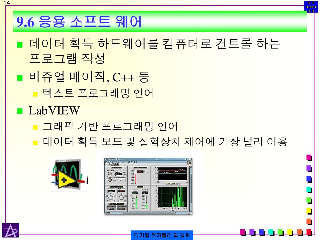 9.6 응용 소프트 웨어 데이터 획득 하드웨어를 컴퓨터로 컨트롤 하는 프로그램 작성 비쥬얼 베이직, C++ 등 LabVIEW