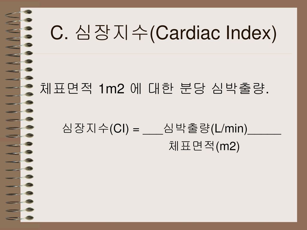 C. 심장지수(Cardiac Index) 체표면적 1m2 에 대한 분당 심박출량.