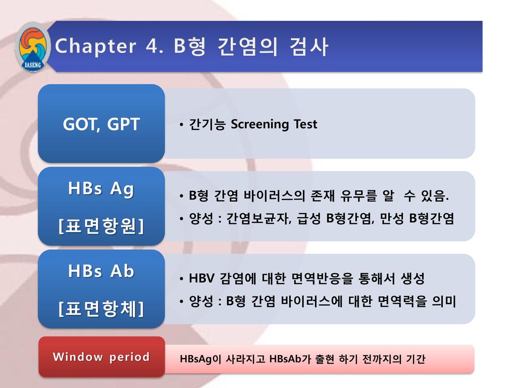 Chapter 4. B형 간염의 검사 GOT, GPT HBs Ag [표면항원] HBs Ab [표면항체]