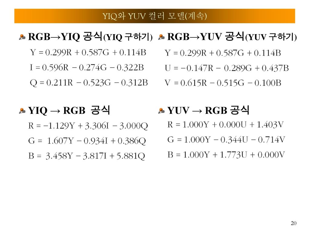 RGB→YIQ 공식(YIQ 구하기) YIQ → RGB 공식 RGB→YUV 공식(YUV 구하기) YUV → RGB 공식