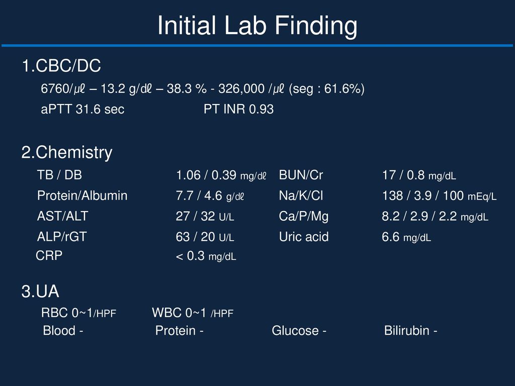 Initial Lab Finding 1.CBC/DC 2.Chemistry 3.UA