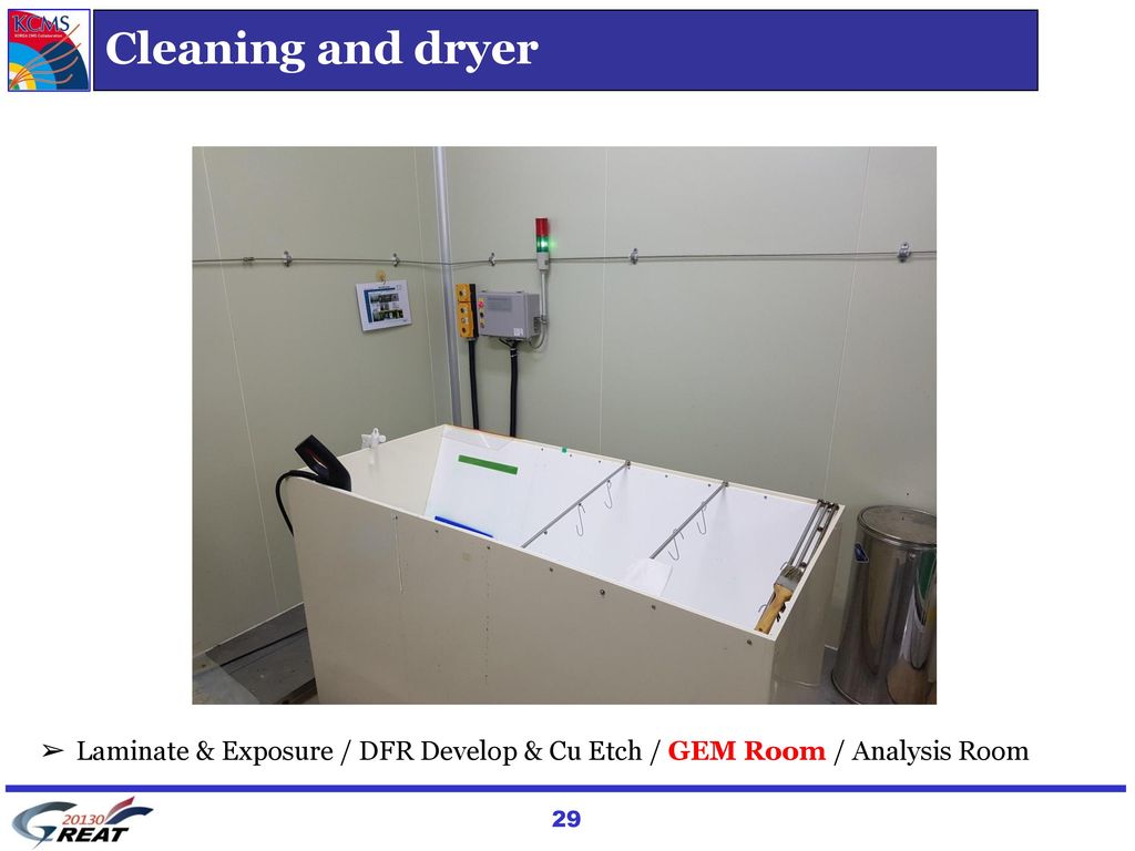 Cleaning and dryer Laminate & Exposure / DFR Develop & Cu Etch / GEM Room / Analysis Room. 박인규 설명)