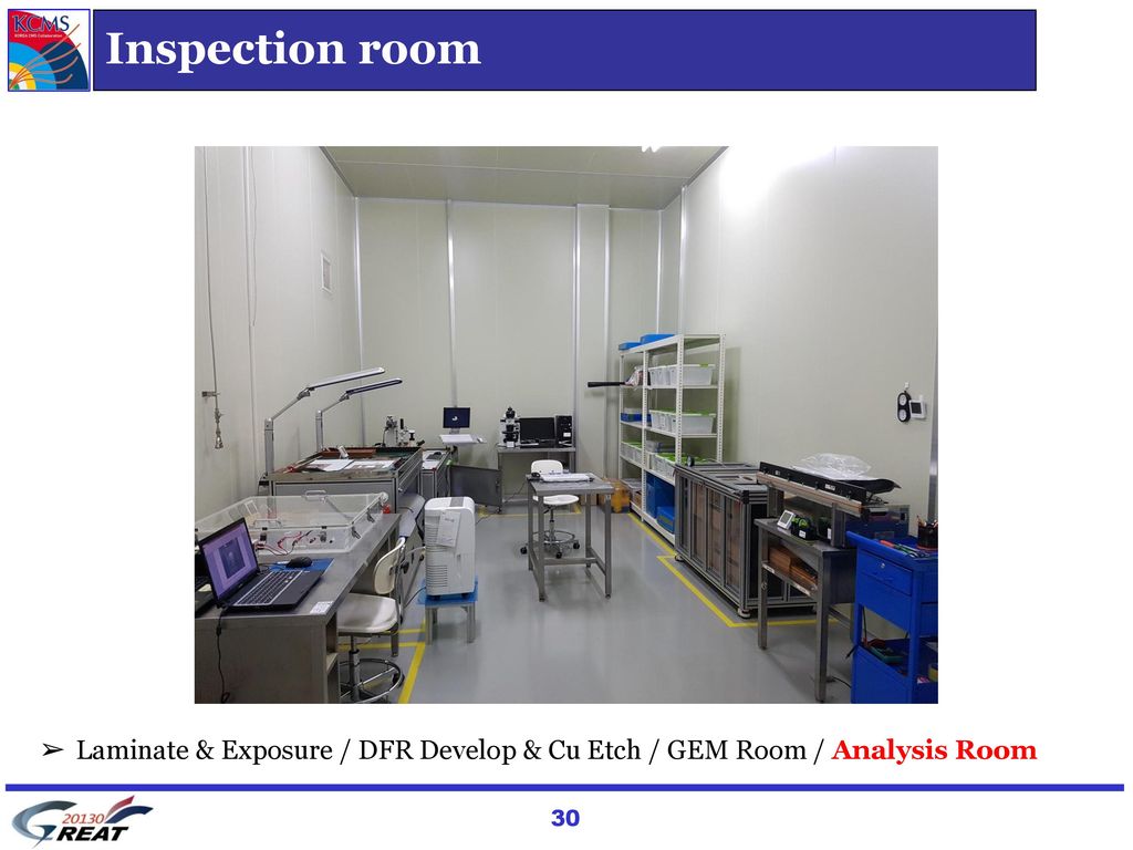 Inspection room Laminate & Exposure / DFR Develop & Cu Etch / GEM Room / Analysis Room. 박인규 설명) Leakage current를 측정하는 장비 (왼쪽 하단)