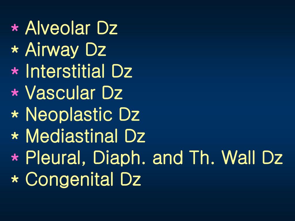 Alveolar Dz. Airway Dz. Interstitial Dz. Vascular Dz. Neoplastic Dz