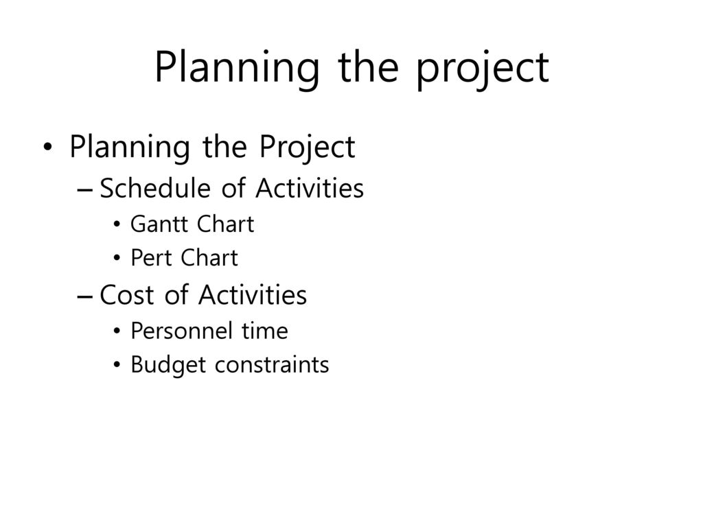 Planning the project Planning the Project Schedule of Activities