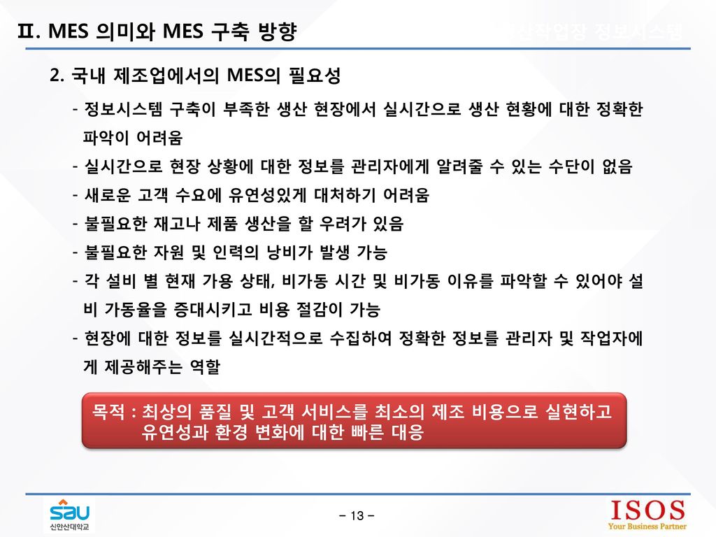 Ⅱ. MES 의미와 MES 구축 방향 1. 생산작업장 정보시스템 2. 국내 제조업에서의 MES의 필요성
