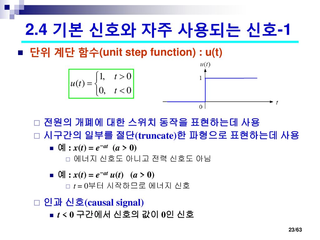 2.4 기본 신호와 자주 사용되는 신호-1 단위 계단 함수(unit step function) : u(t)