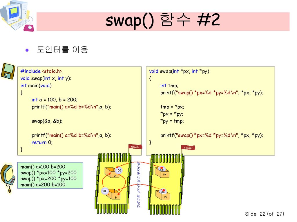 swap() 함수 #2 포인터를 이용 #include <stdio.h> void swap(int x, int y);