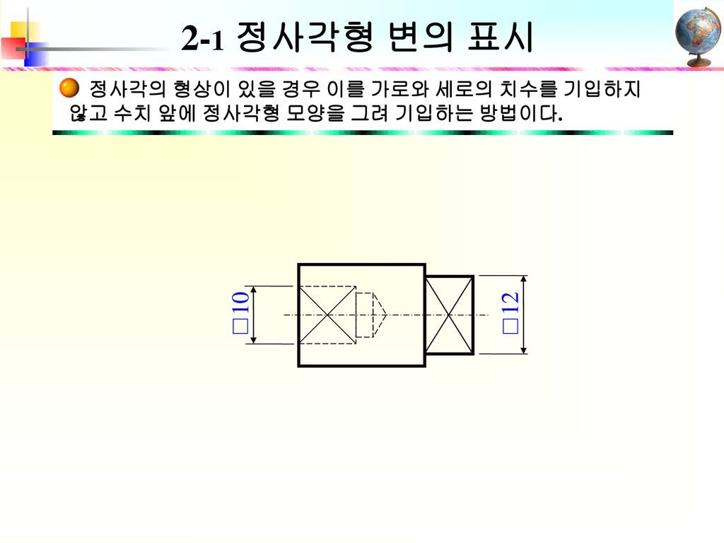 2-1 정사각형 변의 표시 정사각의 형상이 있을 경우 이를 가로와 세로의 치수를 기입하지 않고 수치 앞에 정사각형 모양을 그려 기입하는 방법이다