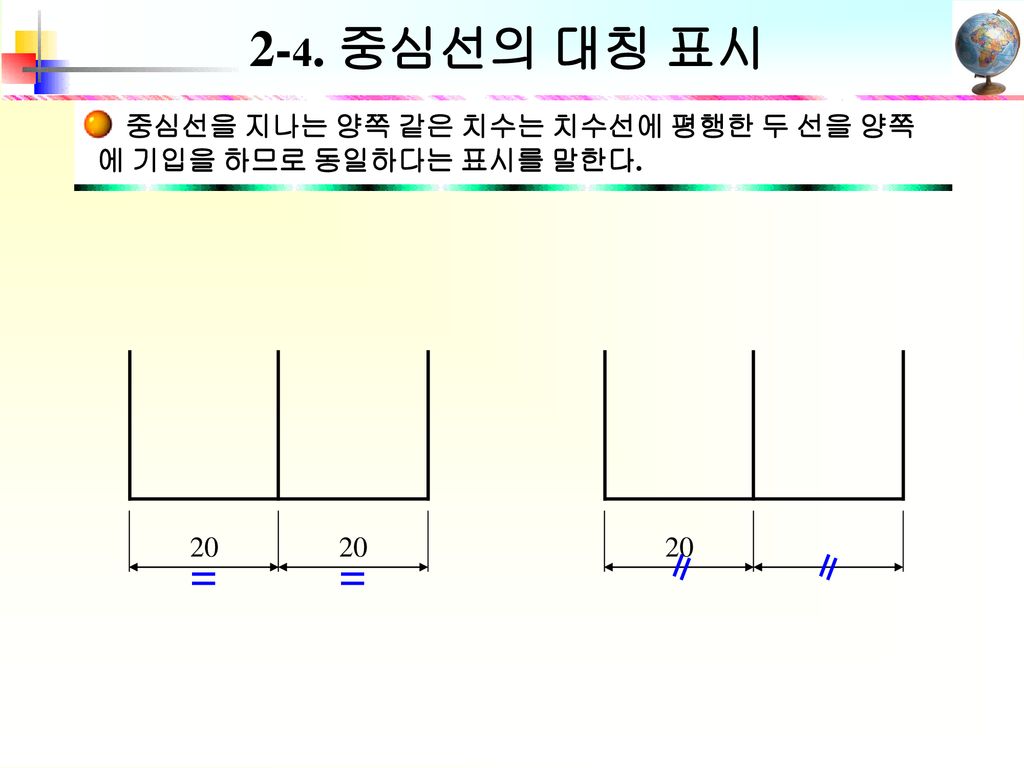 2-4. 중심선의 대칭 표시 중심선을 지나는 양쪽 같은 치수는 치수선에 평행한 두 선을 양쪽에 기입을 하므로 동일하다는 표시를 말한다
