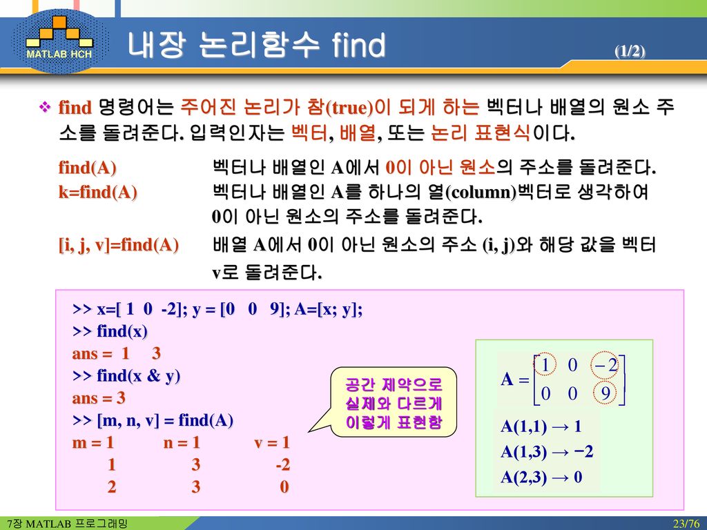 내장 논리함수 find (1/2) find 명령어는 주어진 논리가 참(true)이 되게 하는 벡터나 배열의 원소 주소를 돌려준다. 입력인자는 벡터, 배열, 또는 논리 표현식이다.