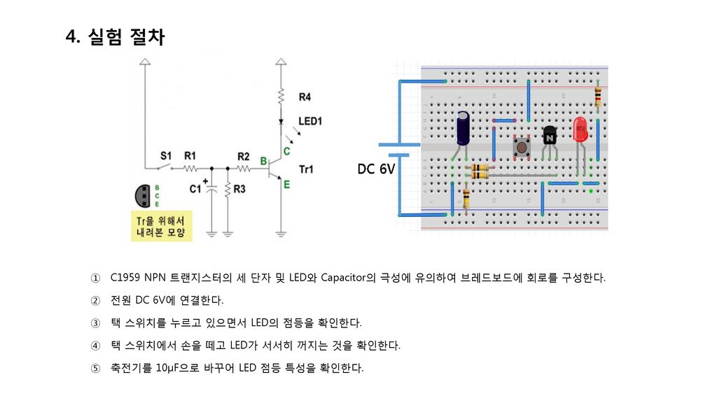 4. 실험 절차 C1959 NPN 트랜지스터의 세 단자 및 LED와 Capacitor의 극성에 유의하여 브레드보드에 회로를 구성한다. 전원 DC 6V에 연결한다. 택 스위치를 누르고 있으면서 LED의 점등을 확인한다.