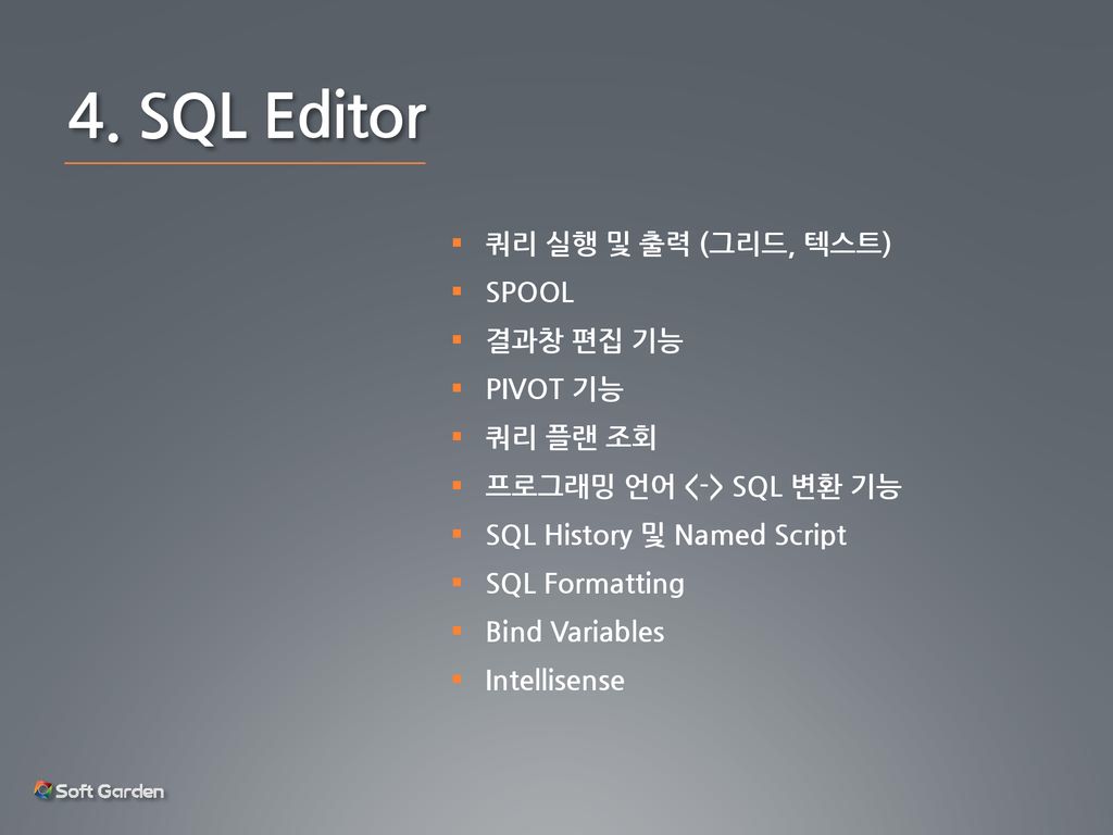 4. SQL Editor 쿼리 실행 및 출력 (그리드, 텍스트) SPOOL 결과창 편집 기능 PIVOT 기능 쿼리 플랜 조회