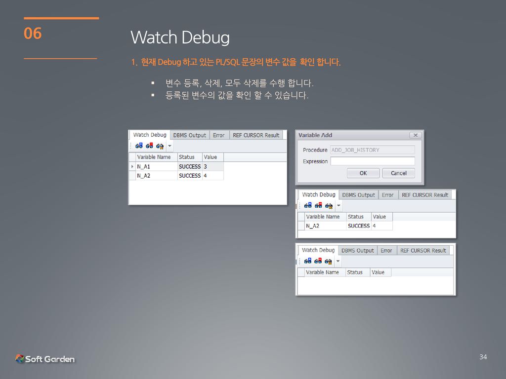 Watch Debug 현재 Debug 하고 있는 PL/SQL 문장의 변수 값을 확인 합니다.
