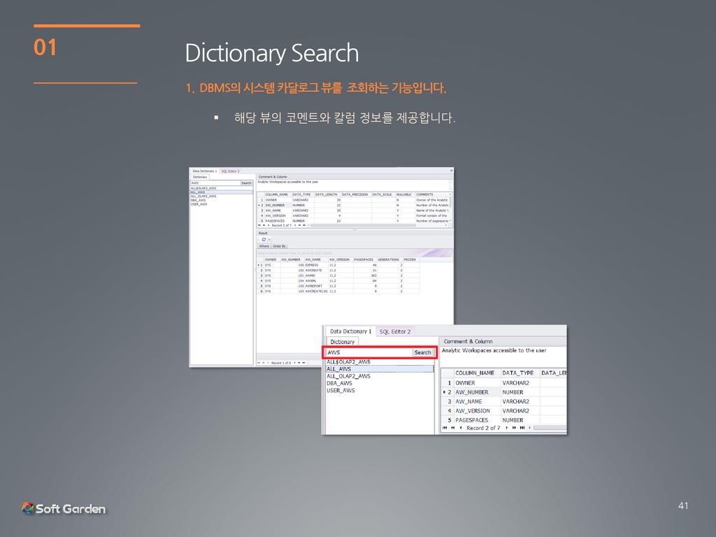 Dictionary Search DBMS의 시스템 카달로그 뷰를 조회하는 기능입니다.