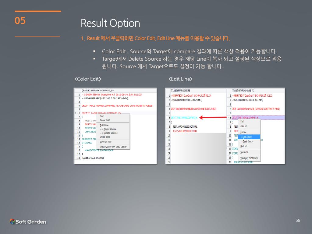 05 Result Option. 1. Result 에서 우클릭하면 Color Edit, Edit Line 메뉴를 이용할 수 있습니다. Color Edit : Source와 Target에 compare 결과에 따른 색상 적용이 가능합니다.