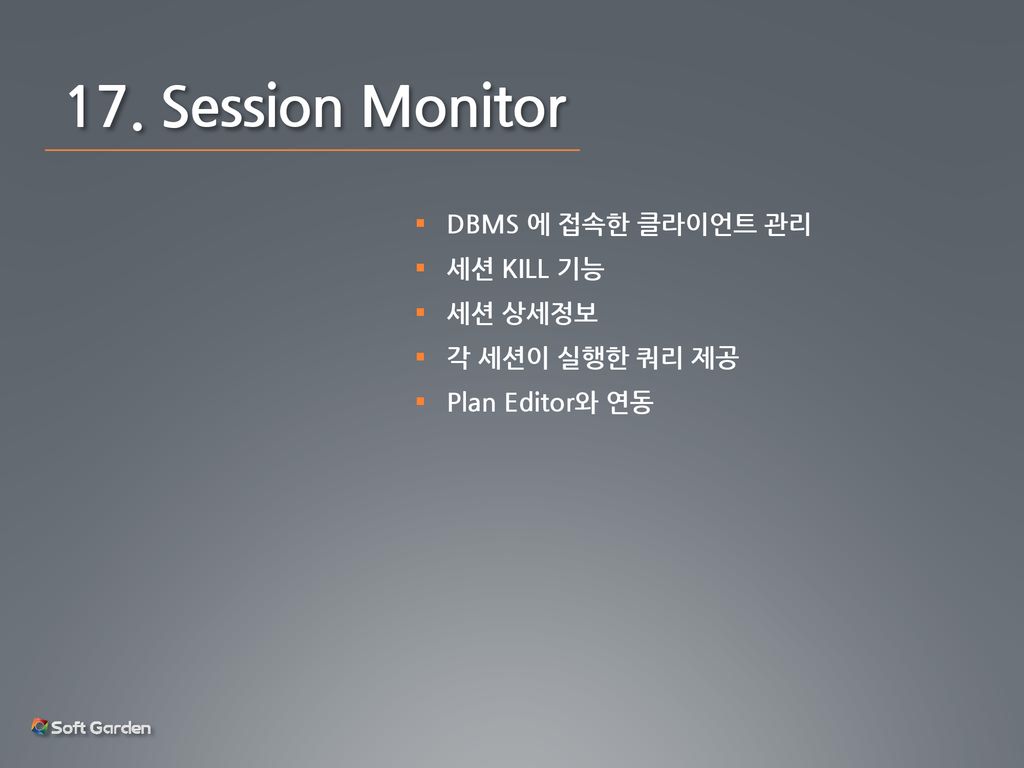 17. Session Monitor DBMS 에 접속한 클라이언트 관리 세션 KILL 기능 세션 상세정보