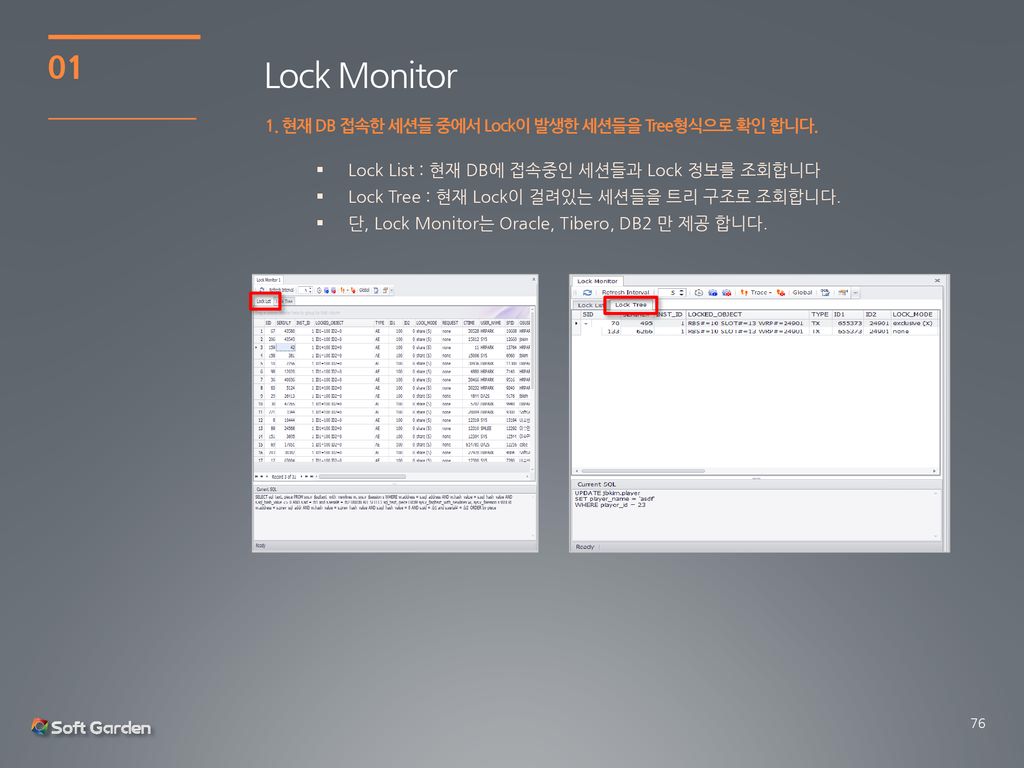 Lock Monitor 현재 DB 접속한 세션들 중에서 Lock이 발생한 세션들을 Tree형식으로 확인 합니다.