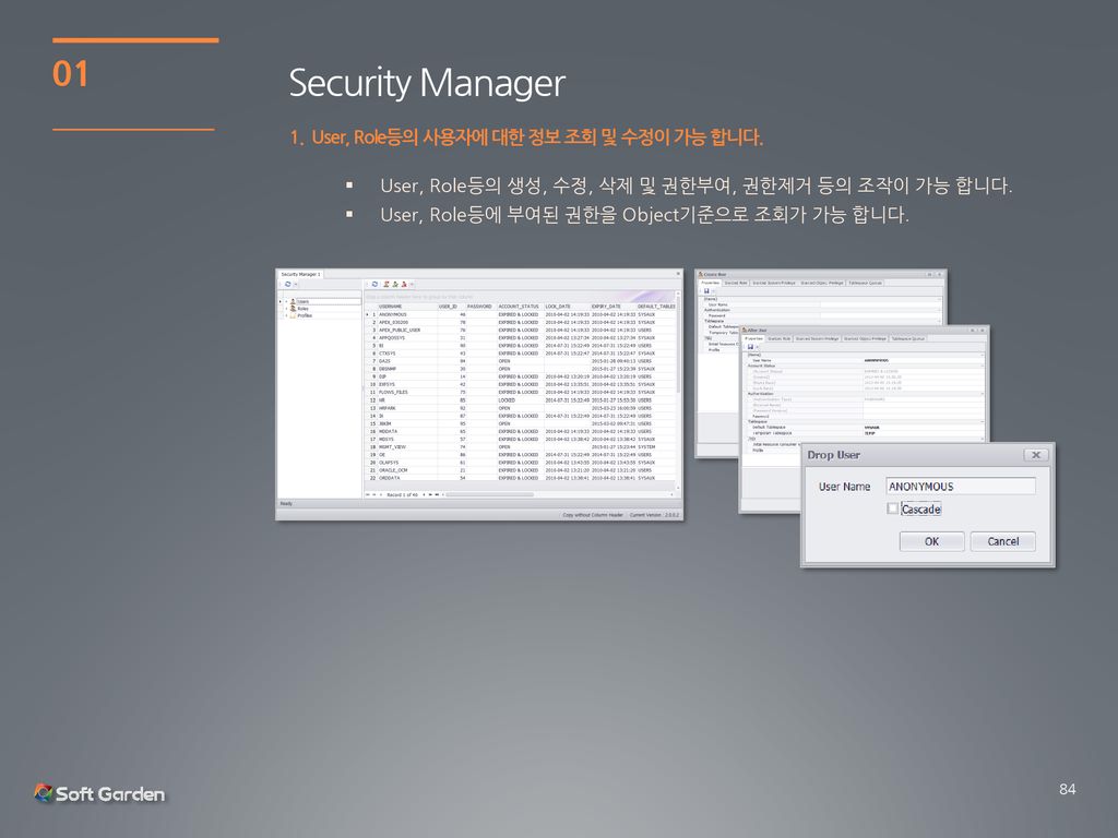 Security Manager User, Role등의 사용자에 대한 정보 조회 및 수정이 가능 합니다.