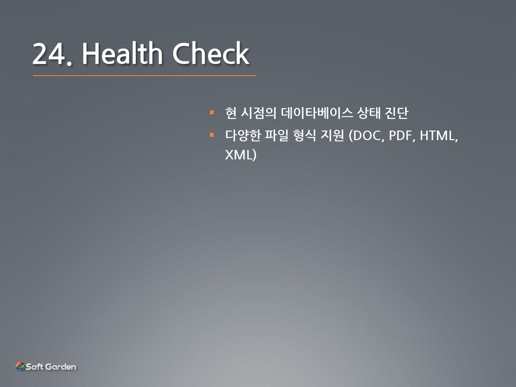 24. Health Check 현 시점의 데이타베이스 상태 진단 다양한 파일 형식 지원 (DOC, PDF, HTML, XML)