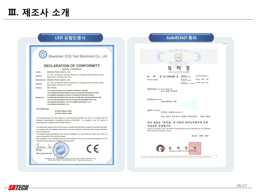 Ⅲ. 제조사 소개 LED 유럽인증서 SafeROAD 특허
