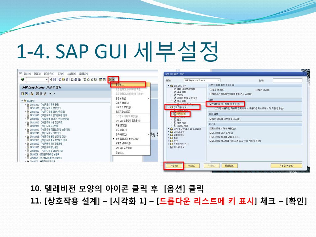 1-4. SAP GUI 세부설정 10. 텔레비전 모양의 아이콘 클릭 후 [옵션] 클릭