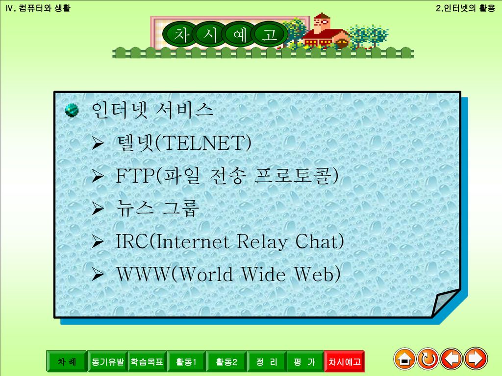 차시예고 인터넷 서비스 텔넷(TELNET) FTP(파일 전송 프로토콜) 뉴스 그룹 IRC(Internet Relay Chat)