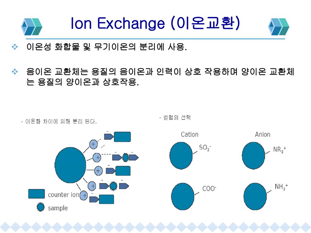 Ion Exchange (이온교환) 이온성 화합물 및 무기이온의 분리에 사용.