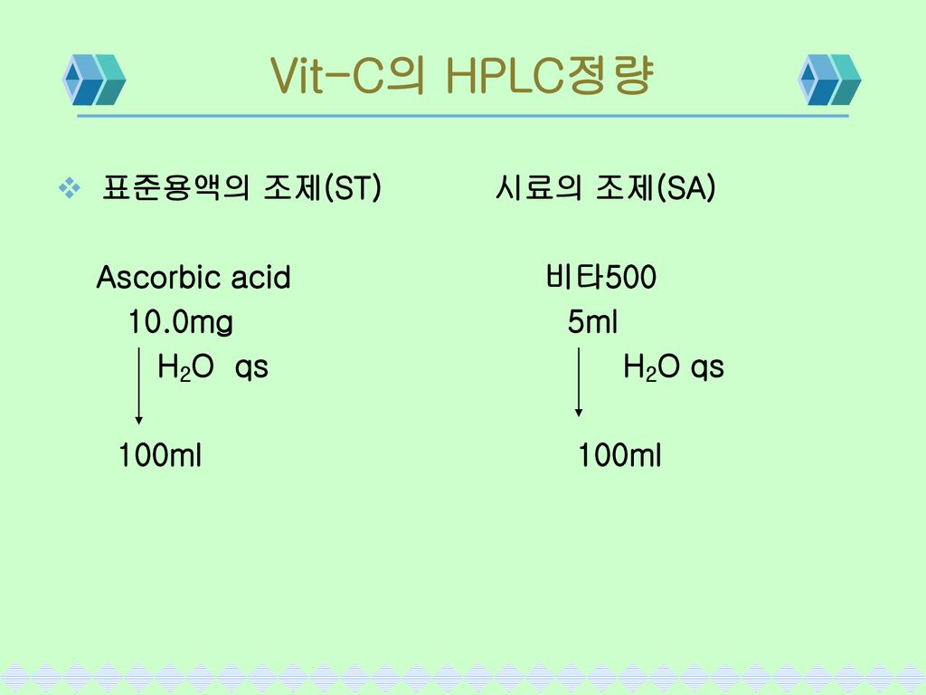 Vit-C의 HPLC정량 표준용액의 조제(ST) 시료의 조제(SA) Ascorbic acid 비타 mg 5ml