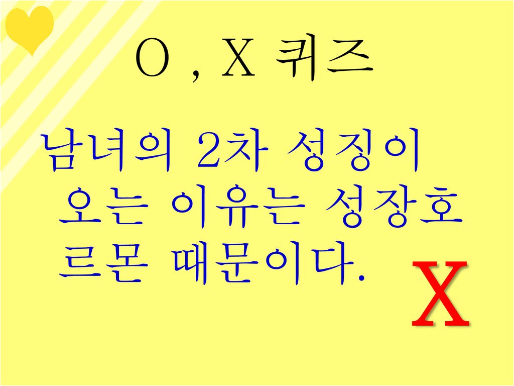 O , X 퀴즈 남녀의 2차 성징이 오는 이유는 성장호르몬 때문이다. X