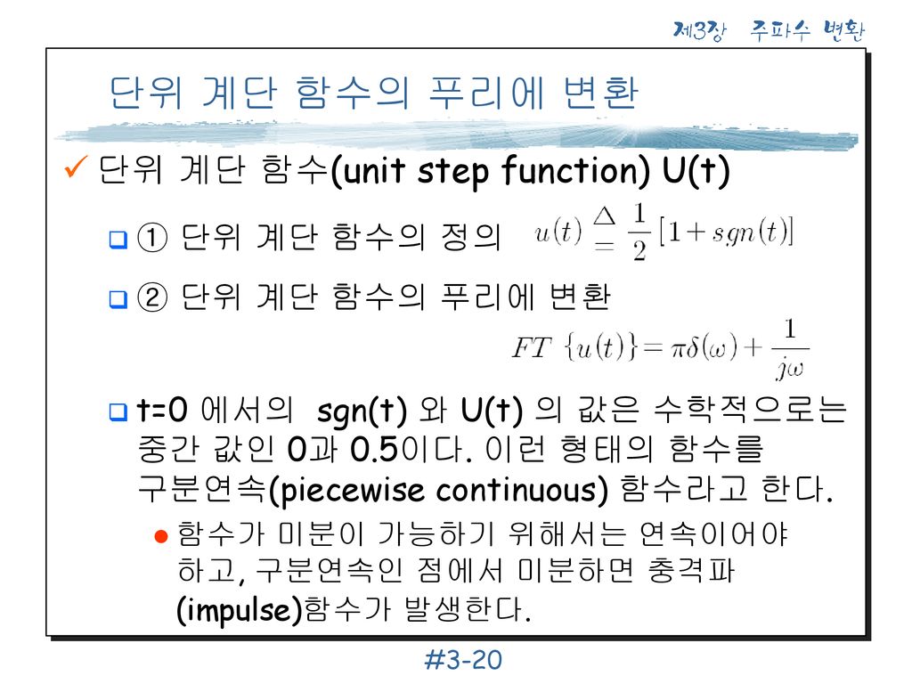 단위 계단 함수의 푸리에 변환 단위 계단 함수(unit step function) U(t) ① 단위 계단 함수의 정의