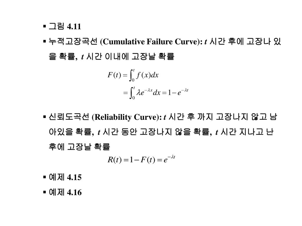 그림 4.11 누적고장곡선 (Cumulative Failure Curve): t 시간 후에 고장나 있을 확률, t 시간 이내에 고장날 확률.