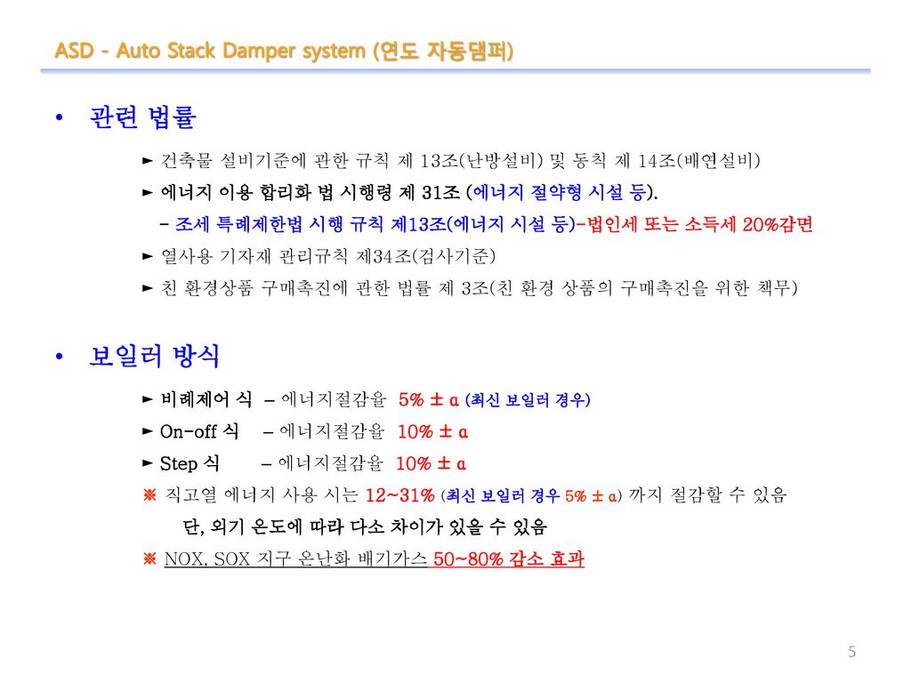 관련 법률 보일러 방식 ASD - Auto Stack Damper system (연도 자동댐퍼)