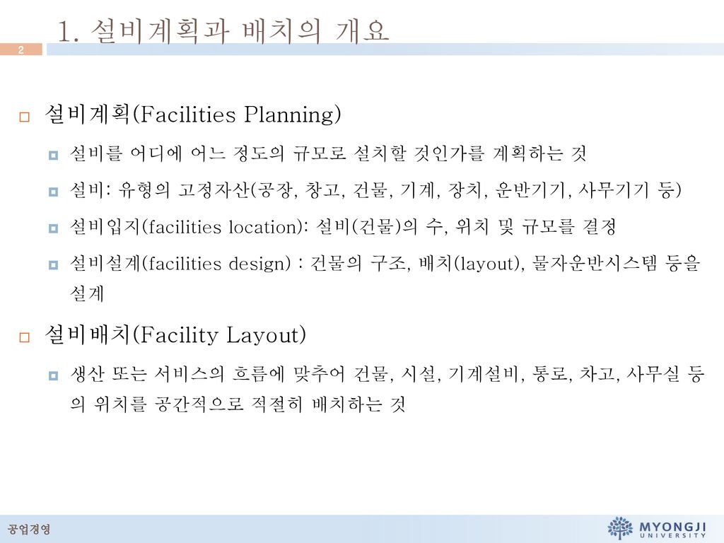 1. 설비계획과 배치의 개요 설비계획(Facilities Planning) 설비배치(Facility Layout)