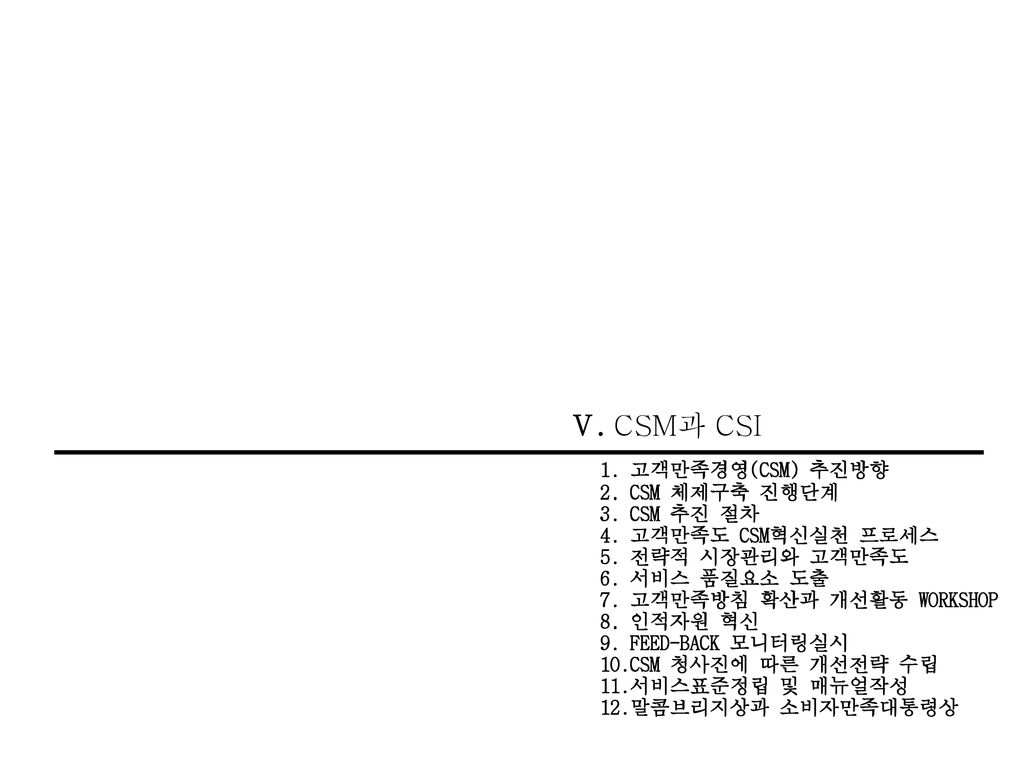 Ⅴ. CSM과 CSI 1. 고객만족경영(CSM) 추진방향 2. CSM 체제구축 진행단계 3. CSM 추진 절차